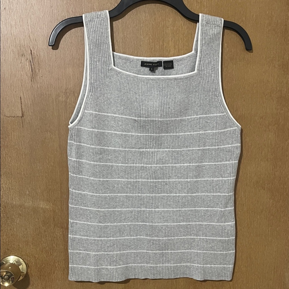 JEANNE PIERRE Gray and White Striped Tank Top